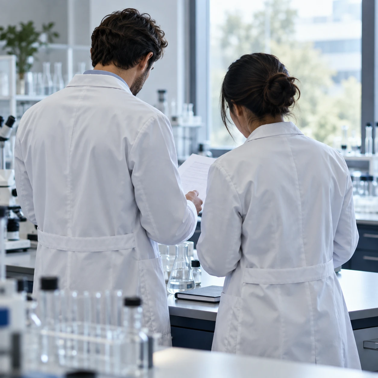 Two scientists reviewing study data together at the laboratory bench