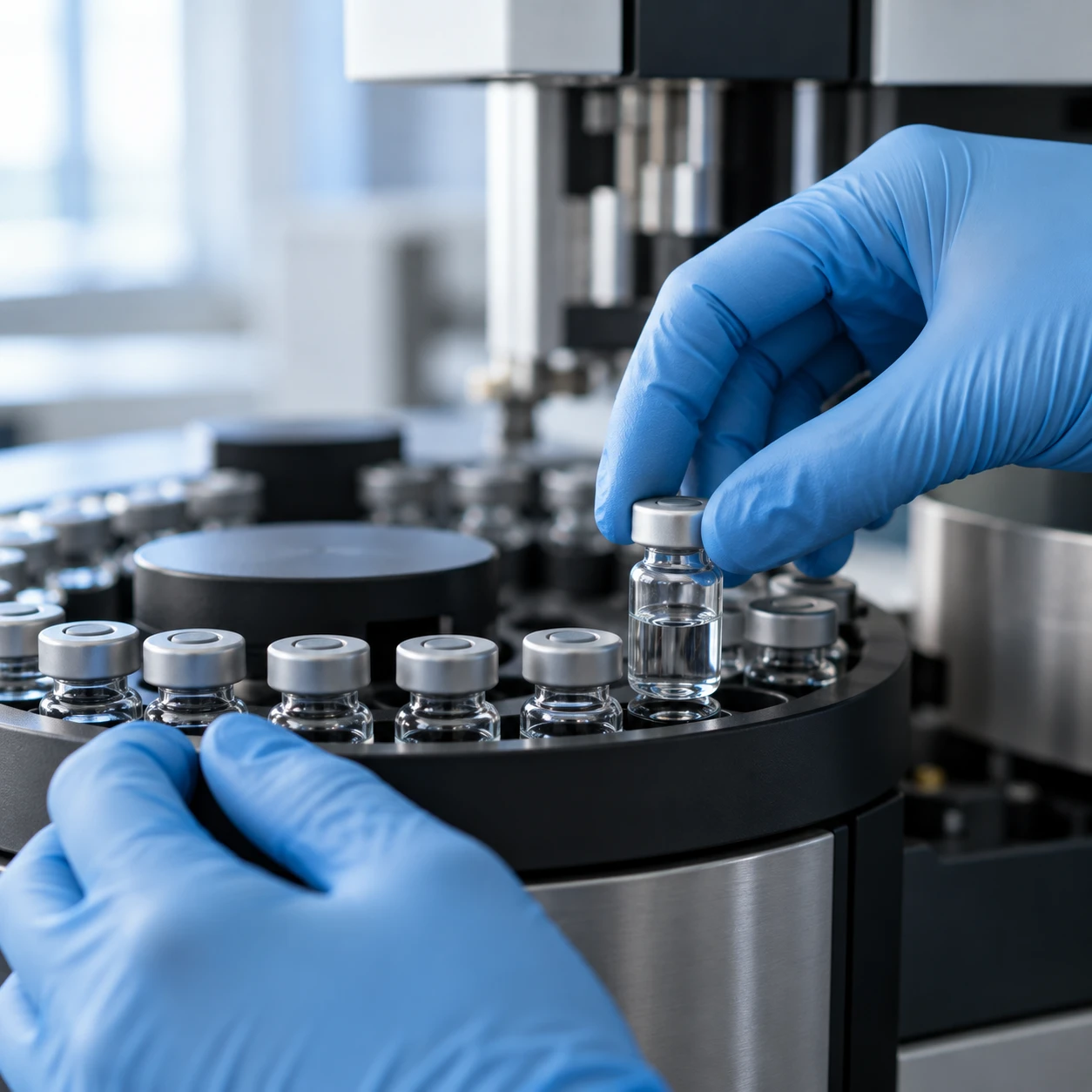 Loading a prepared sample vial into the autosampler of an analytical instrument
