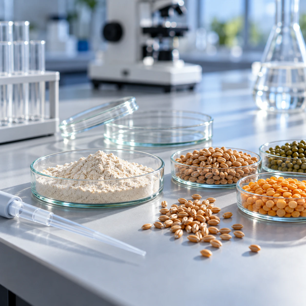 Flour, wheat grain and pulse samples prepared in laboratory dishes for analysis