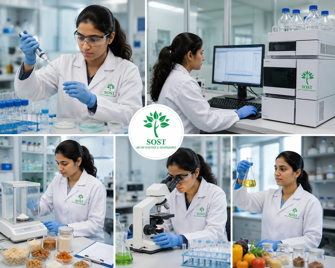 SOS laboratory team at work — sample preparation, chromatography, weighing, microscopy and finished product evaluation
