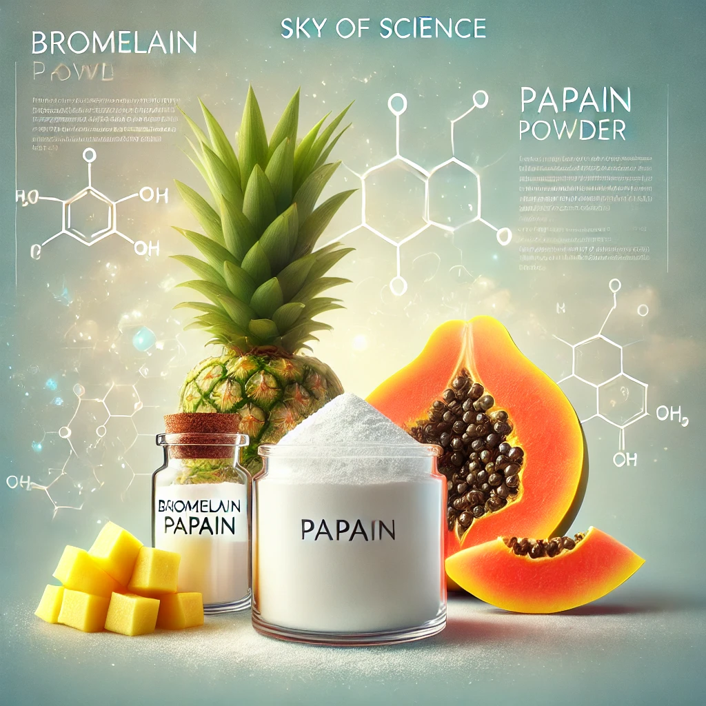 Enzyme powders shown with their pineapple and papaya sources