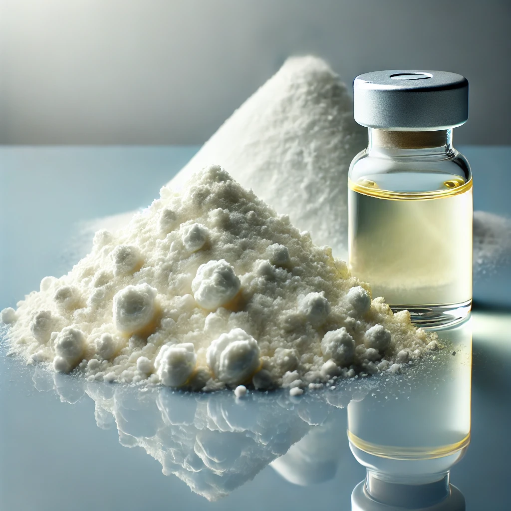 Specialty ester powder and clear oil in a sealed vial