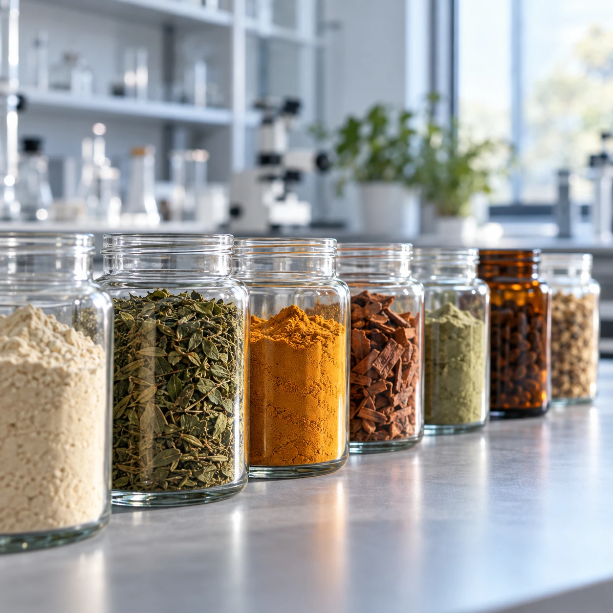 Raw botanical powders and granules held in plain laboratory sample jars
