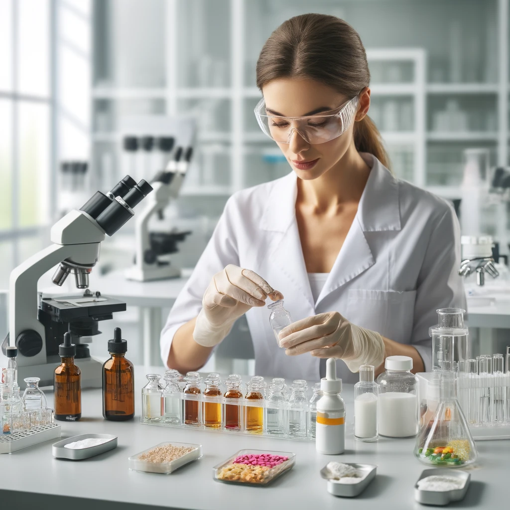 Analyst examining sample vials in a quality control laboratory