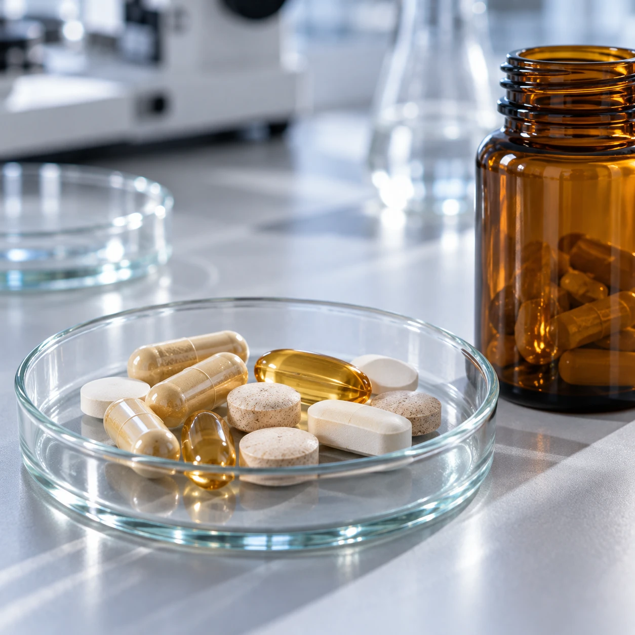Capsules and tablets in a laboratory dish beside an amber sample bottle