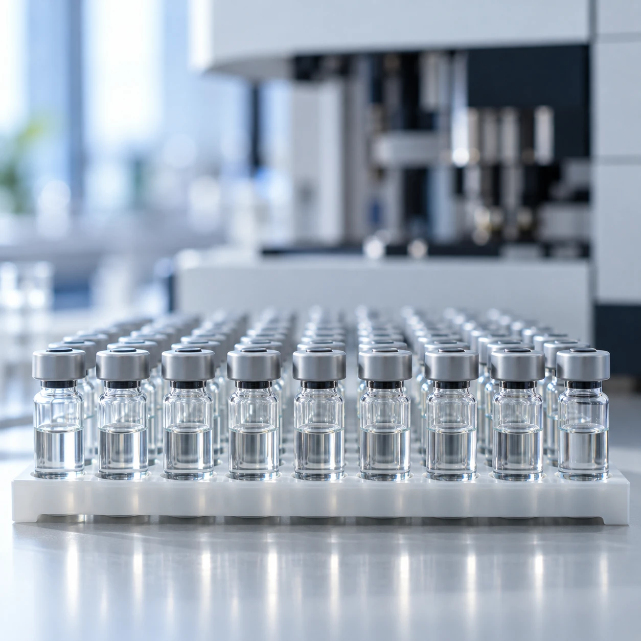 A rack of prepared sample vials ready for analysis